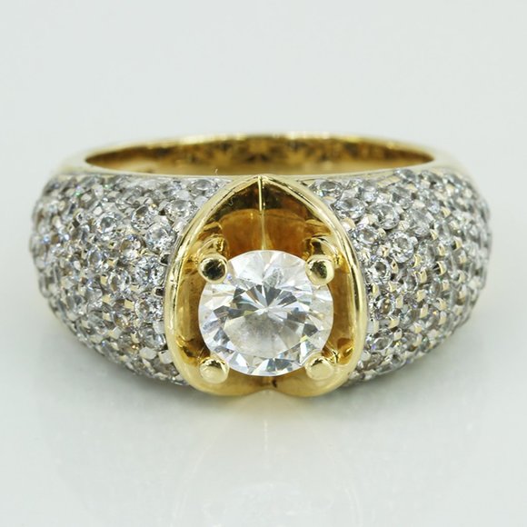 14k Yellow Gold CZ Solitaire Cubic Zirconia Gemstone Cluster Dome Band Ring